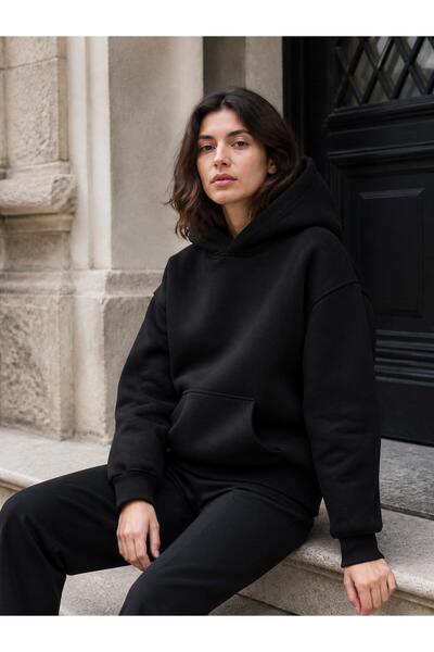 harmony factory Unisex Düz Oversize Kapüşonlu Sweatshirt 3 İplik Şardonlu Siyah