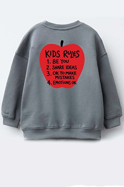 Monila Unisex Çocuk Sırtı Elma Baskılı 3 İplik Kumaş Pamuklu Sweatshirt