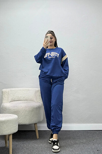 BELENDİR Women's Printed Garnished 2 Thread Tracksuit Set Navy Blue