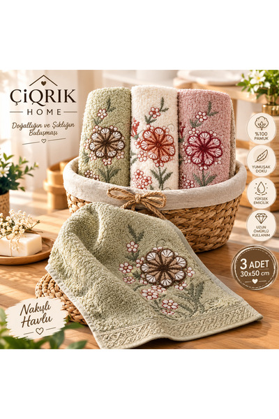 ÇIQRIK HOME 3 Adet 30 x 50 cm Sepetli Dekoratif 3D nakışlı el havlusu
