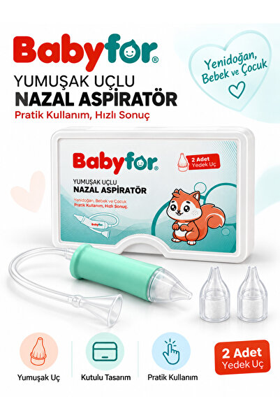 BABYFOR Bebek Burun Temizleme Aspiratörü, 2 Yedek Uç - Burun Temizleyici Aspiratör Seti - Yumuşak Uçlu