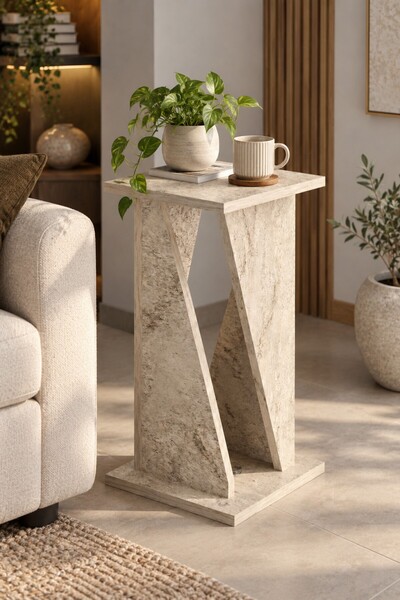SuloraHome Modern Mermer Desenli Yan Sehpa 30x30x60 cm