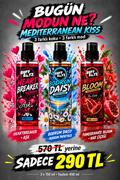 BUFFBOYZ Mediterranean Kiss 3’lü Araba Kokusu Seti 150 ml x3 – Aşk, Nar Çiçeğ...