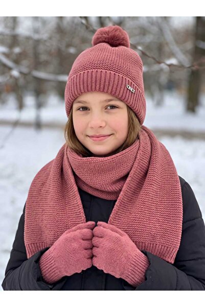 Aware Time Scarf & Beanie & Gloves Set - Burgundy - Plain