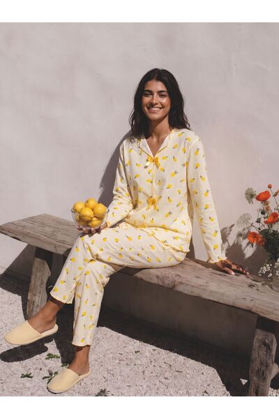 rindahomewear İnterlok Kumaş Fiyonk Detaylı Pijama takım