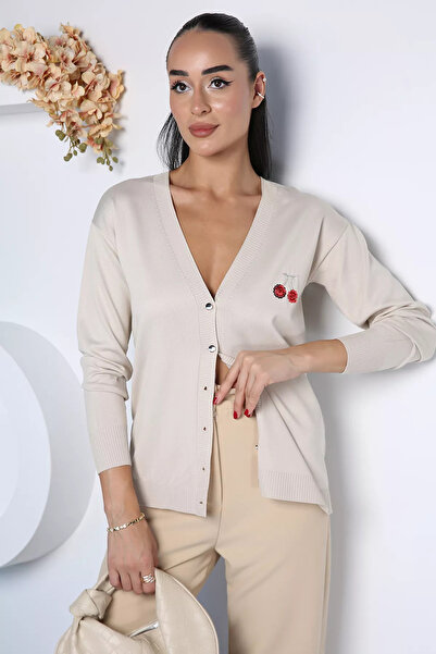 TOZLU Stone Embroidered Women's Knitwear Cardigan