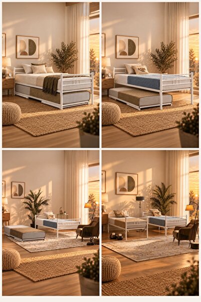 Unimet Nest Yavrulu Metal Yatak 90x200 Beyaz – Tekerlekli Alt Yatak 80x200, Ç...