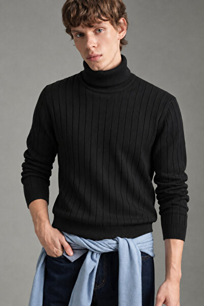 Tarz Cool Men's Black Ribbed High-Neck Knit Sweater