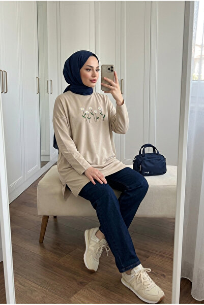 Kirazca Butik Kadın Çiçek Nakış Detaylı Salaş Uzun Sweatshirt Tunik