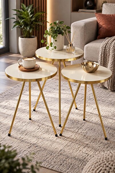 SuloraHome Gold Metal Düz Ayaklı 3'lü Zigon Sehpa Takımı Krem