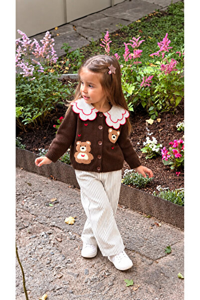 elzo collection Girl's Embroidered Collar Detailed Cardigan with Bear Figure ...