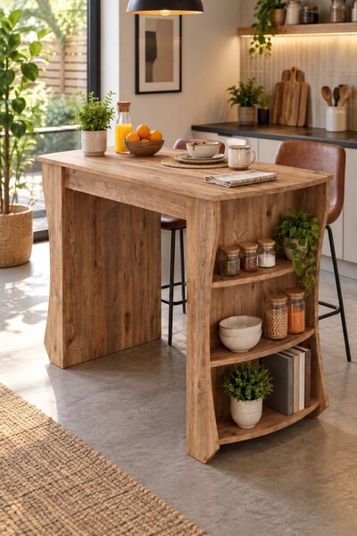 SuloraHome Raflı Çok Amaçlı Mutfak Adası ve Kahvaltı Masası 120x60 cm