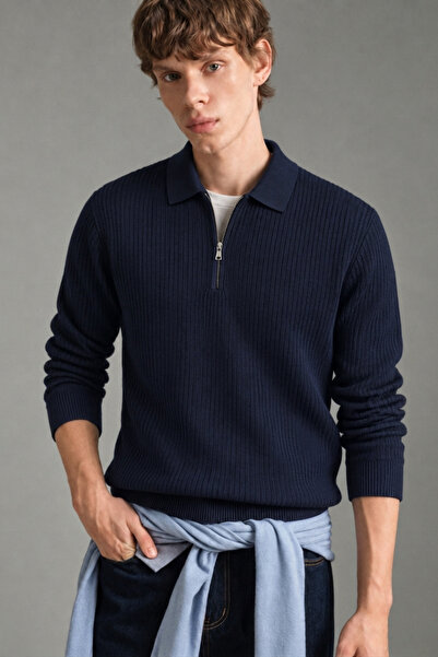Tarz Cool Men's Navy Blue Zippered Polo Collar Ribbed Knit Sweater