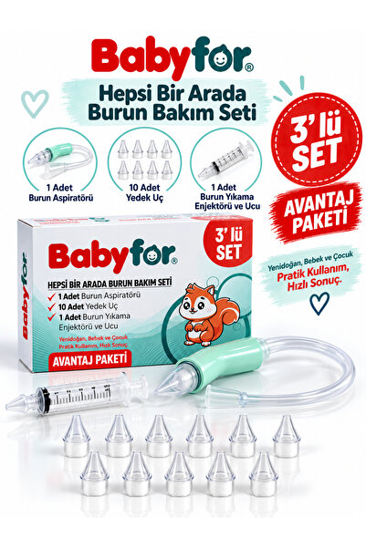 BABYFOR AVANTAJ PAKET Bebek Burun Temizleme Aspiratörü, 10 Yedek Uç ve Burun Temizleme Şırıngası 3'lü set