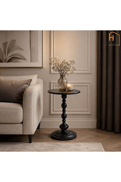 Al Saada Home طاولة خدمة جانبية مستديرة بقاعدة سوداء كلاسيكية
