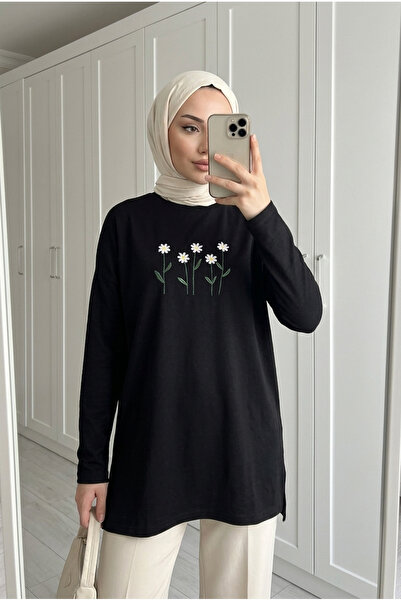 Kirazca Butik Women's Floral Embroidery Detailed Loose Long Sweatshirt Tunic