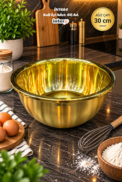İnterlife Gold Metal Dough Mixing Bowl Deep Kneading Whisking Food Preparatio...