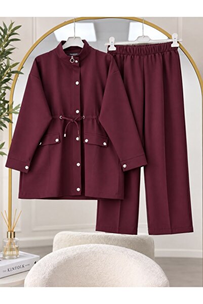 modasindoma Women's Hijab Nora Zippered Waist-Tie Pants Set Burgundy
