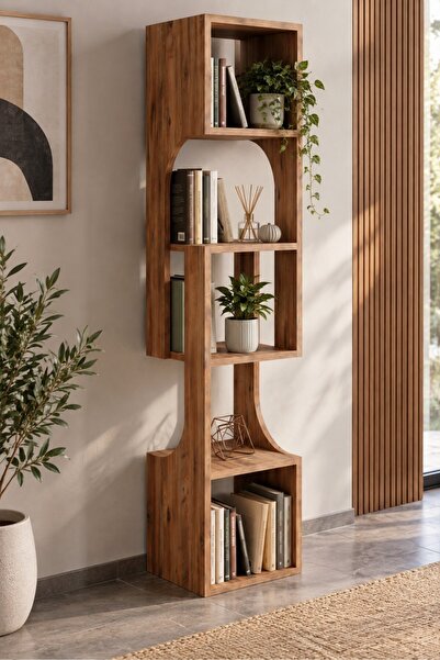 5 Katlı Modern Ahşap Dekoratif Kitaplık ve Raf Ünitesi