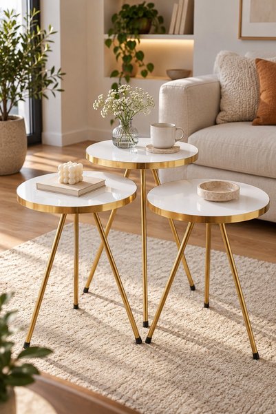SuloraHome Gold Metal Ayaklı Beyaz 3'lü Zigon Sehpa Takımı