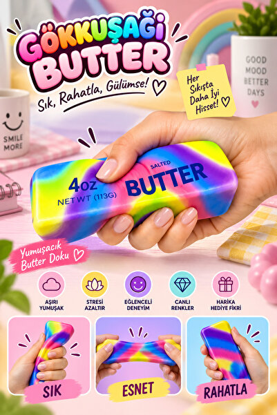 PERİBOİA Butter Squishy Gökkuşağı Oyuncak Tereyağ Sukuşi Stres Oyuncağı 1 Ade...
