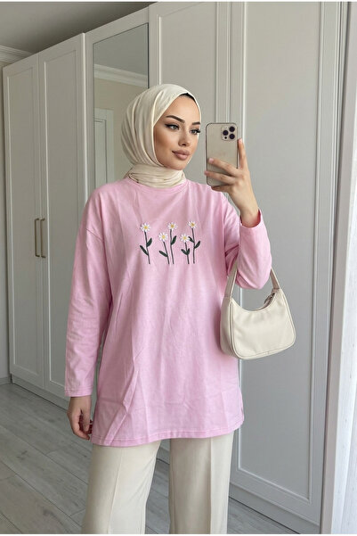Kirazca Butik Women's Floral Embroidery Detailed Loose Long Sweatshirt Tunic