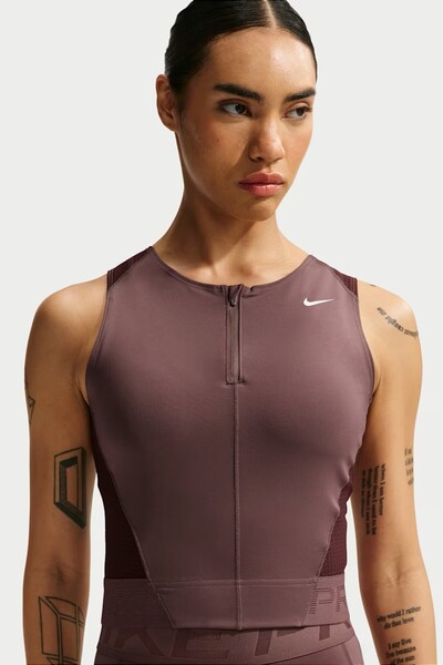 Nike Pro Women's Dri Fit Tank Top Çeyrek Fermuar Kadın Antreman Atleti Kahver...