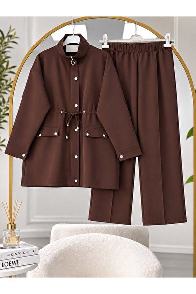 modasindoma Women's Nora Zippered Waist-Tie Pants Suit Brown