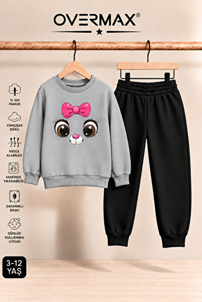 OVERMAX Girl's Hoodless Kitten Face Printed Tracksuit Set - Ages 3-12