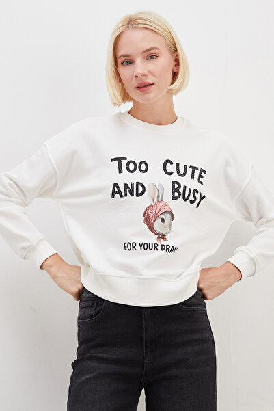 Fulla Moda 3 İplik Şardonsuz Tavşan Baskılı Oversize Sweatshirt