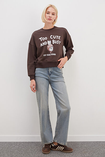 Fulla Moda 3 İplik Şardonsuz Tavşan Baskılı Oversize Sweatshirt