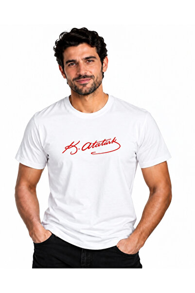 ETİFA Ataturk Signed White Premium Unisex 100% Cotton Red Printed T-Shirt