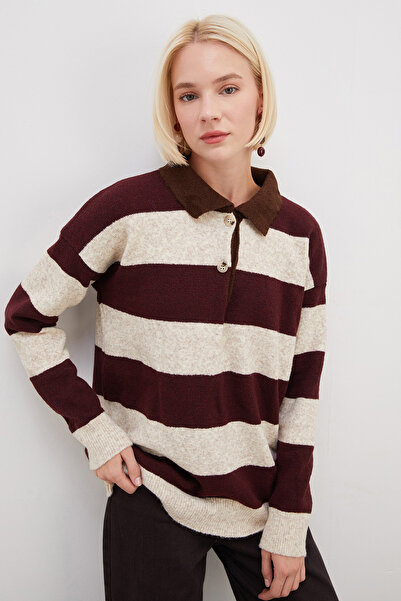 Fulla Moda Striped Half Button Polo Neck Knitwear Sweater