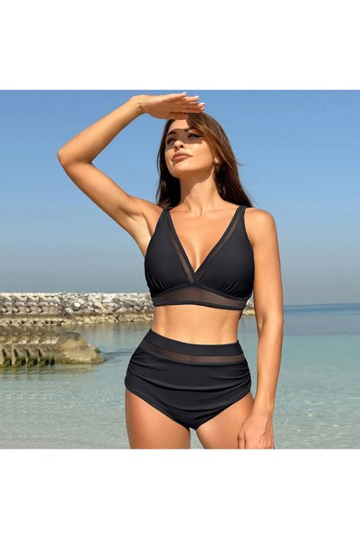TRAJE DEN V-Neck Transparent Mesh High Waist Bikini Set Women