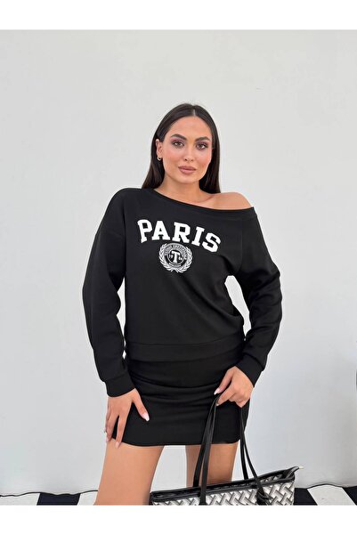 NEW JOURNAL Γυναικείο μαύρο φούτερ με στάμπα Paris και λαιμόκοψη βάρκα FRV0231