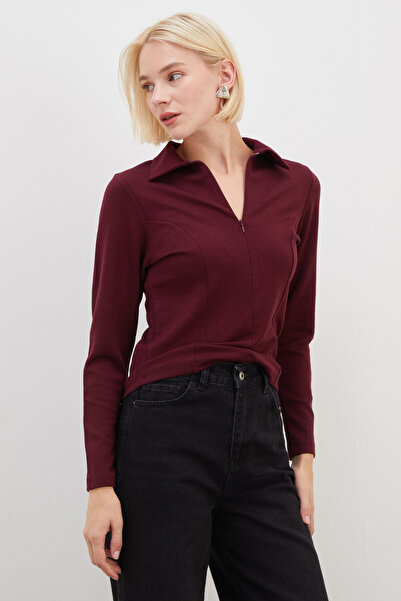 Fulla Moda Yarım Fermuarlı Polo Yaka Slim Fit Modal Sweatshirt