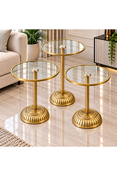 Royal Home طقم 3 طاولات جانبية دائرية زجاجية ذهبية بقاعدة مزخرفة