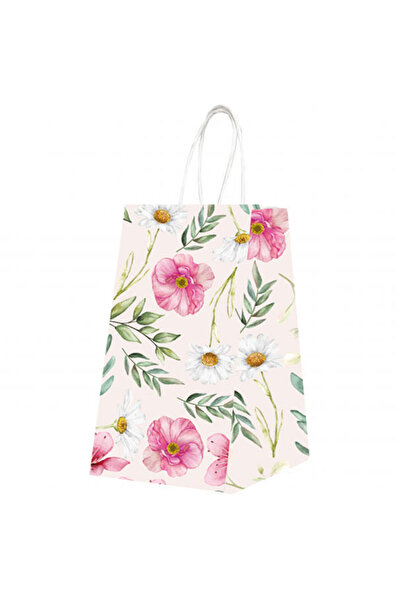 OEM PAPER BAG TWISTED HANDLE 26 x 12 x 35 CM WHITE/WHITE FLOWERS PAPIROTI