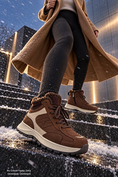 MUGGO NORTEX Kürklü Fermuarlı Kalın Taban Bağcıklı Kışlık Kadın Sneaker Bot