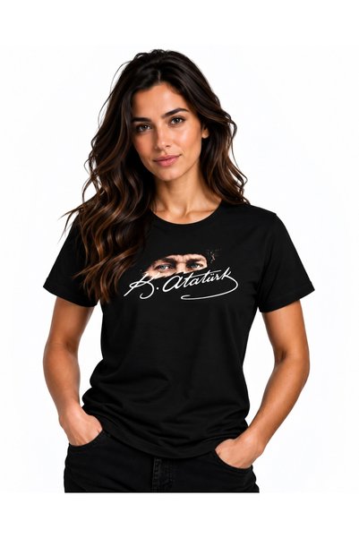 ETİFA Ataturk Eyes and White Signature Printed Unisex 100% Cotton Premium Black T-Shirt