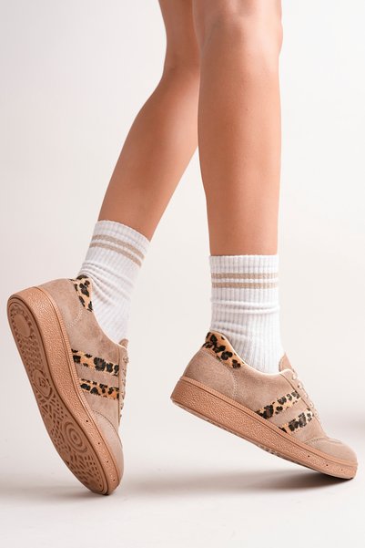 BAHRİNA Women's Brown Suede Leopard Thermo Rubber Sole Casual Sneaker