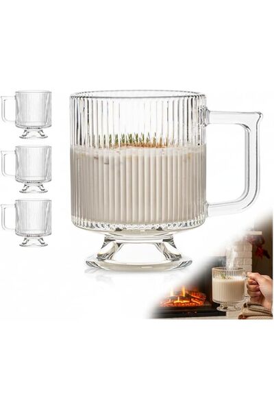 KASTWAVE Ribbed Glass Coffee Mug Set, 10 oz Clear Glass Cups with Handle, Mod...