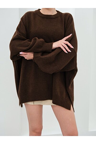 NEW JOURNAL Women's Bitter Brown Balloon Sleeve Slit Knitwear Oversize Tunic ...