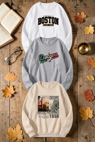 uyguntarz Unisex Mixed Printed Crew Neck Sweatshirt Set – Pack of 3