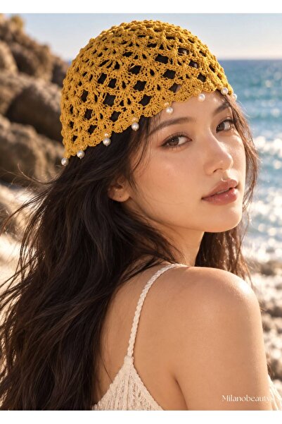 MİLANO BEAUTYS قبعة شبكية محبوكة يدويًا مزينة باللؤلؤ، قبعة صيفية للشاطئ، طرا...