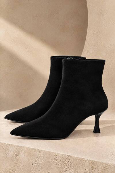 İncimoda Black Suede Pointed Toe Thin Heel Women's Ankle Boots