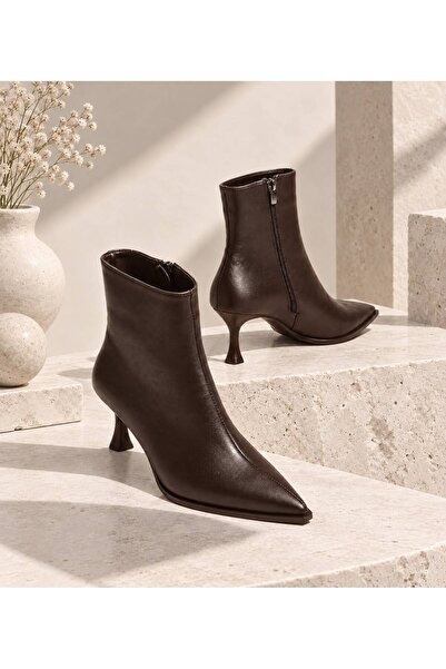 İncimoda Brown Leather Pointed Toe Thin Heeled Women's Ankle Boots