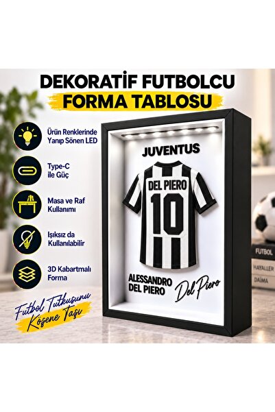 PİYATECH Del Piero 10 - 3D Futbolcu Forma Tablosu - LED Işıklı Type - C Masaü...