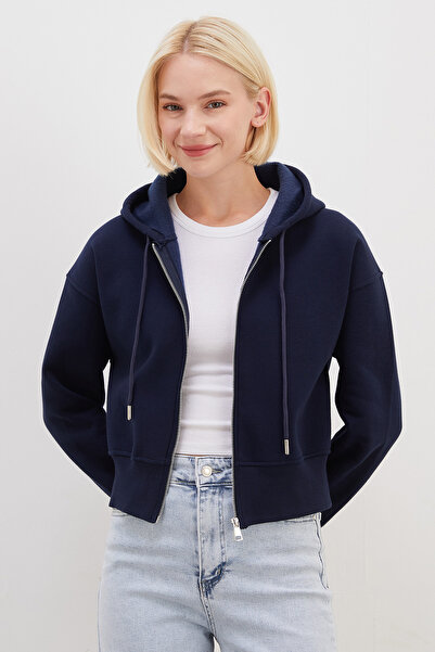 Fulla Moda 3 İplik Basic Fermuarlı Kapüşonlu Sweatshirt