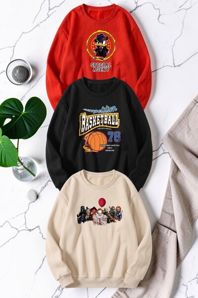 uyguntarz Unisex Mixed Printed Crew Neck Sweatshirt Set – Pack of 3